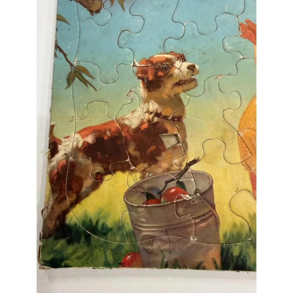 Vintage Mid Century Tray Puzzle Children Dog Picking Apples Cardboard Frame